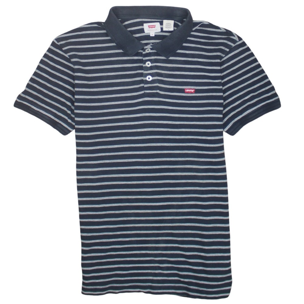 Levis Womens Polo Shirt Navy Blue Striped Cotton Embroidered Chest Badge M