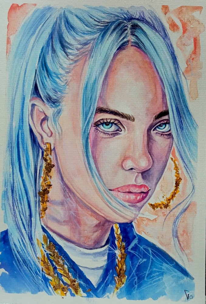 Original Watercolor Painting, Billie Eilish Portrait, Fan Art Famous Woman