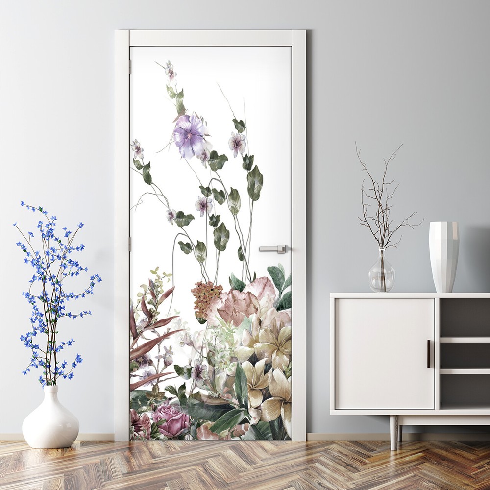 Bubble Free Door sticker Field Flowers Mural Floral Watercolour Self adhesive