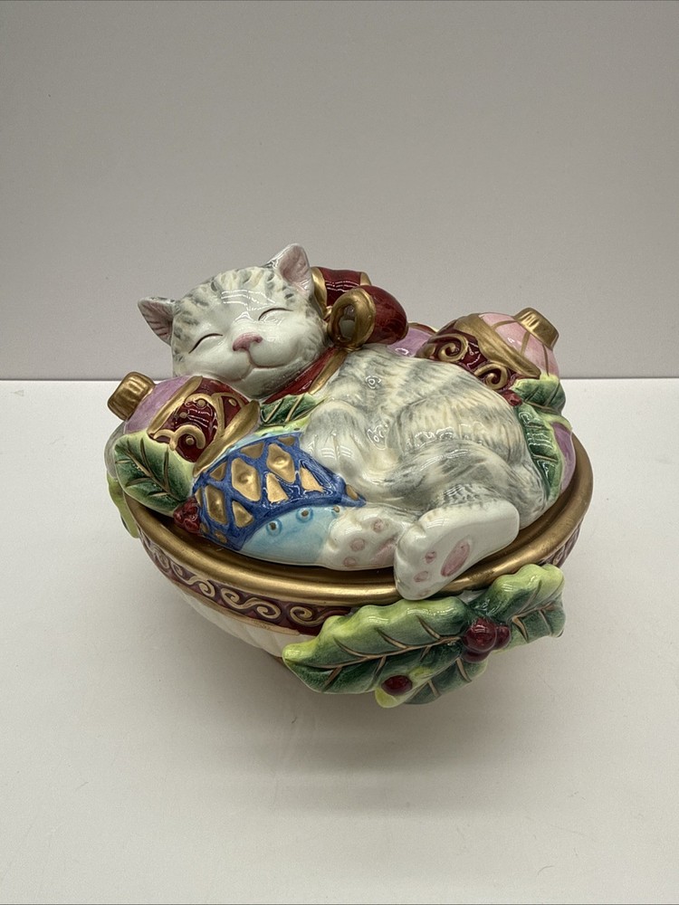Vintage Fitz & Floyd Cat Trinket Box With Lid Candy Dish Sugar Bowl Christmas