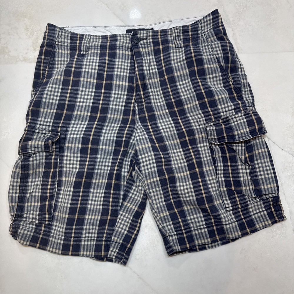 Tommy Hilfiger Mens Cargo Shorts Plaid Blue White Size 30 Casual