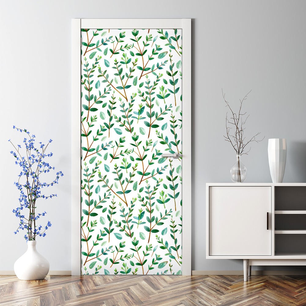 Adhesive Door sticker Handdrawn Leaves Woodland Floral Forest Leaf Green Leaves
