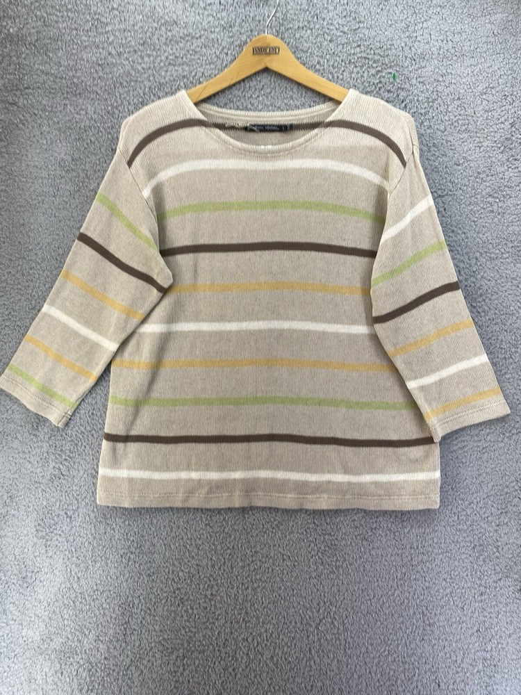 Gudrun Sjoden Women 3/4 Sleeve Pullover Farmer Striped Sweater Large