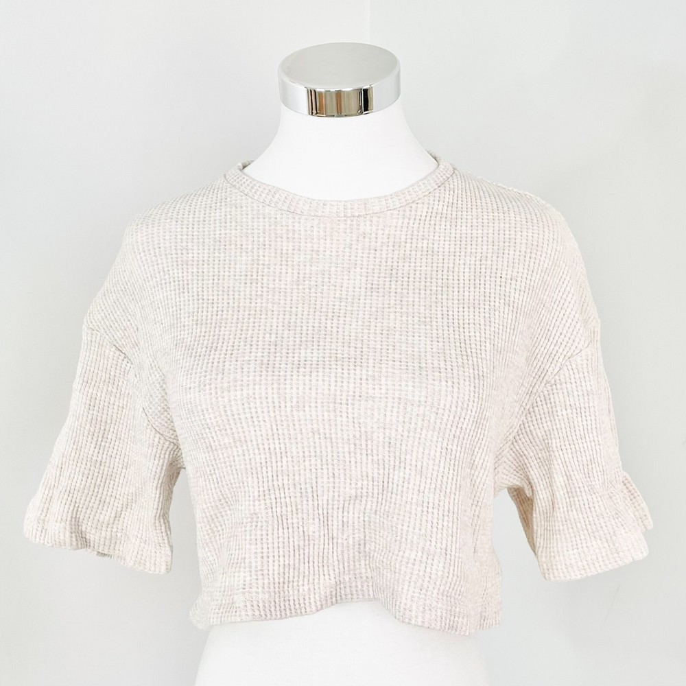 Aere Crop Top Womens Size 8 Beige Waffle Knit Short Sleeve Crew Neck Cotton New