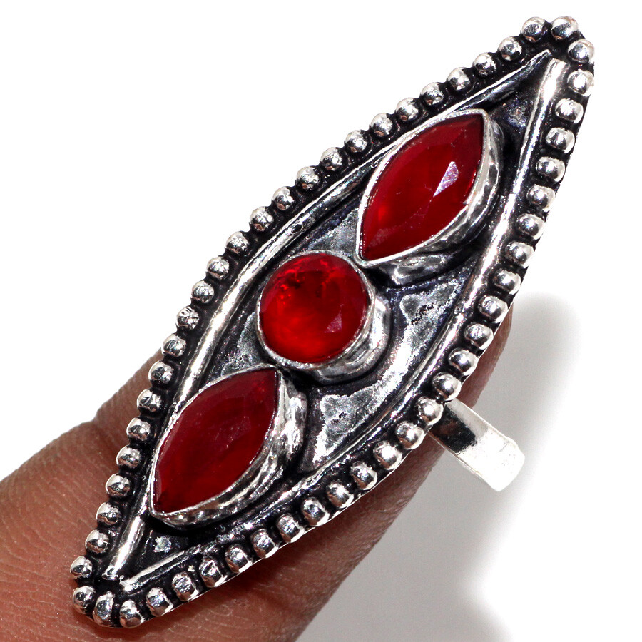 925 Silver Plated-Red Onyx Ethnic Gemstone Handmade Ring Jewelry US Size-8.5 JW