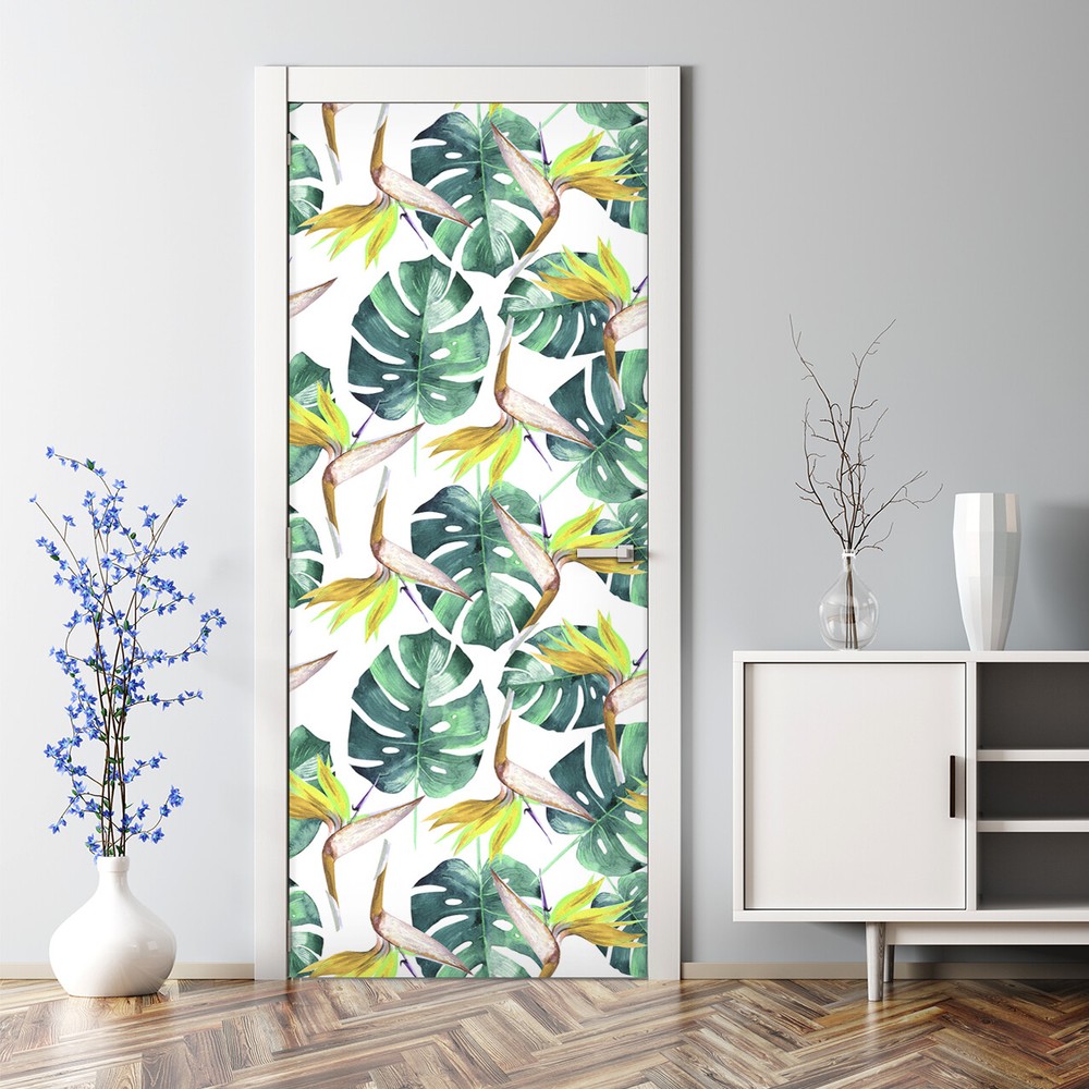 Tropical Green Leaves Bubble Free Door Sticker Exotic Wall Covering