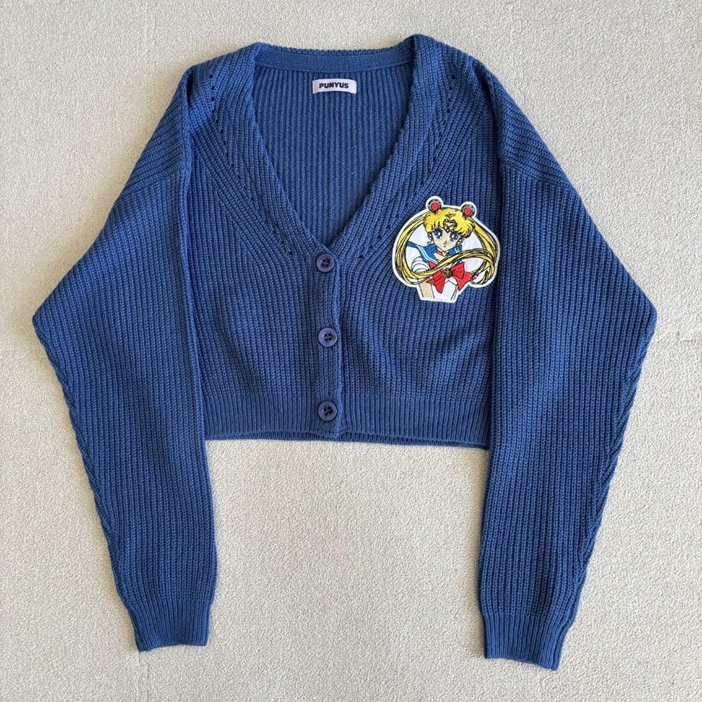 PUNYUS Sailor Moon Usagi Patch Cropped Cardigan Knit Navy Size M