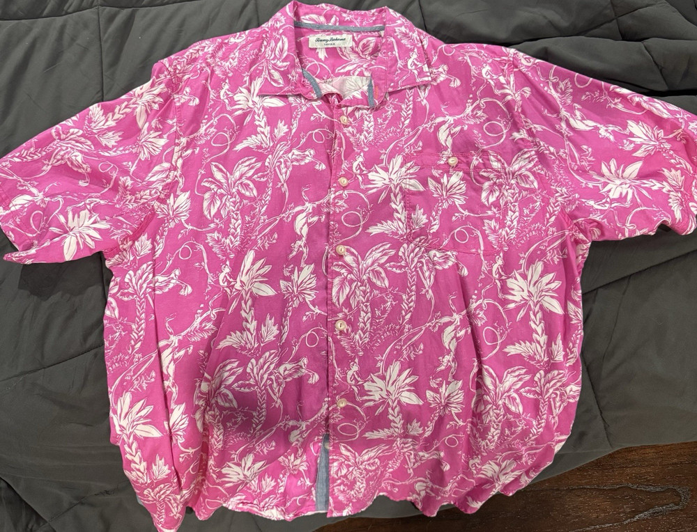 Tommy Bahama Tortola XXLT Floral Cotton Button-Up Shirt Pink White Short Sleeve
