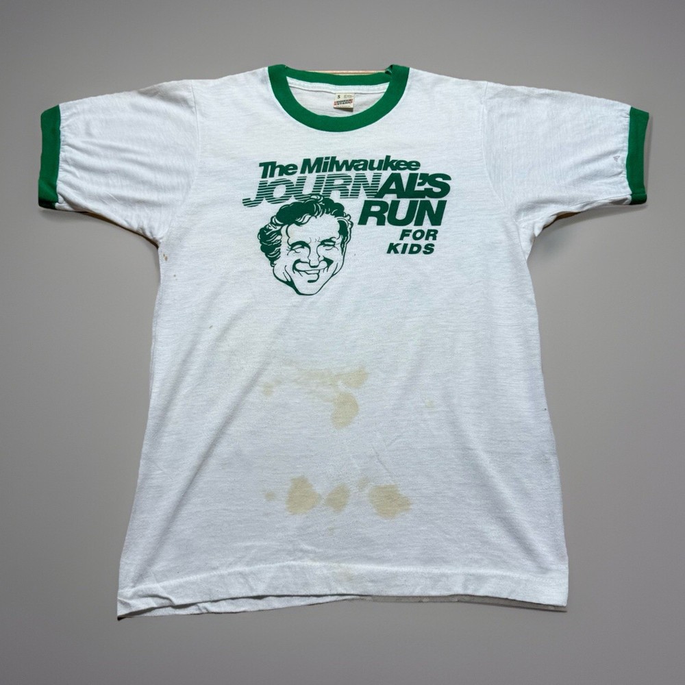 Vintage Milwaukee Journal Run For Kids Distressed Ringer Tee Size Small