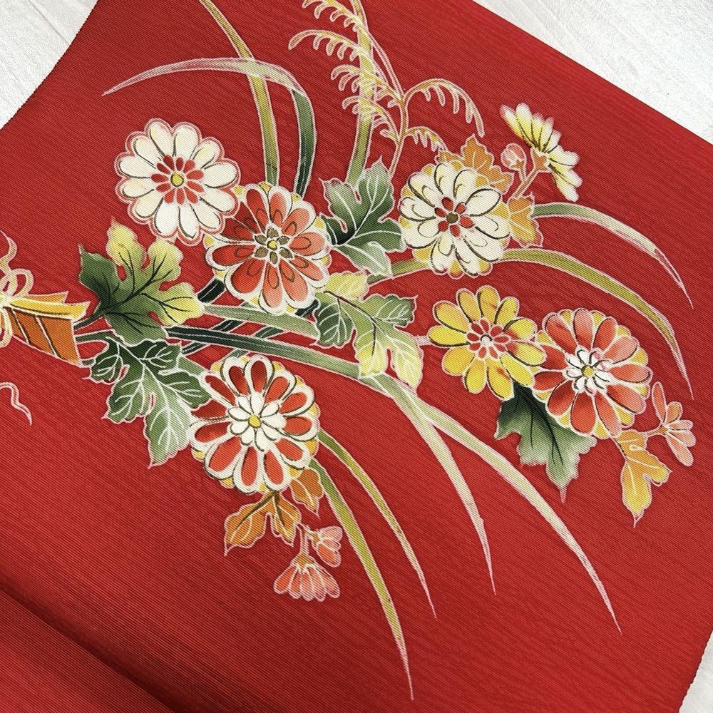 Nagoya Obi Kimono   Pongee Bright Red Floral Pattern Pine Needleeight-Inch Pure