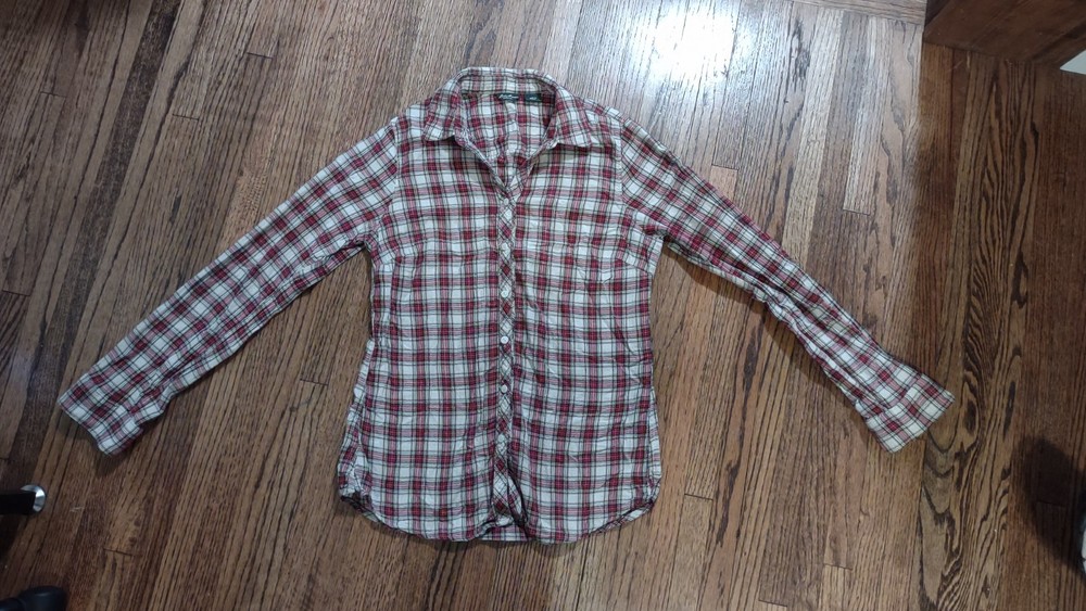 Eddie Bauer Womens XS Red White Plaid Flannel Button Down Shirt Stretch Cotton