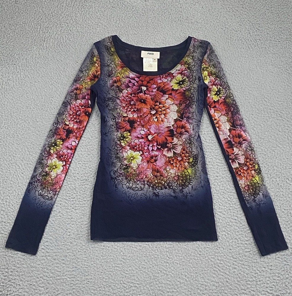 FUZZI Jean Paul Gaultier Floral Mesh Tulle Long Sleeve Top S Red Black Y2K Goth