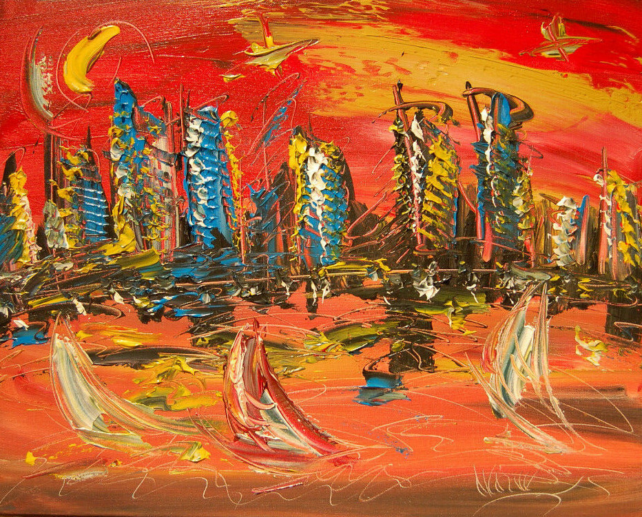 LANDSCAPE GIFT  ORIGINAL OIL PAINTING ABSTRACT MODERN ART RED BLUE TT4Tfb