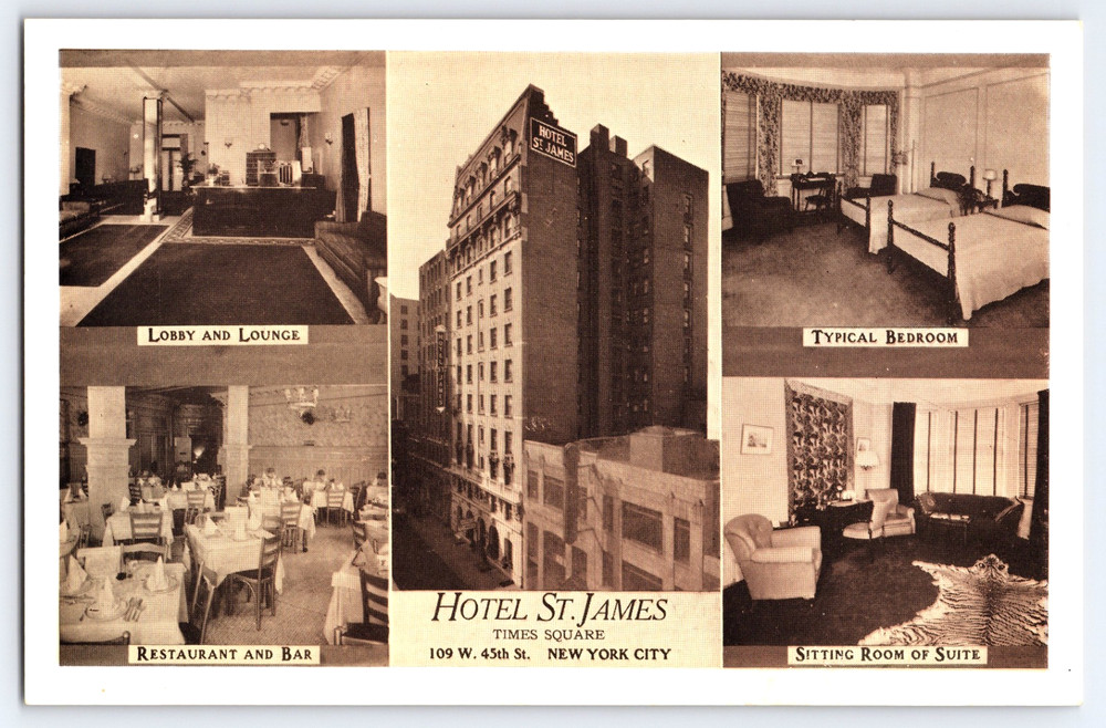 New York City New York NY Hotel St. James Times Square Rooms Vintage Postcard