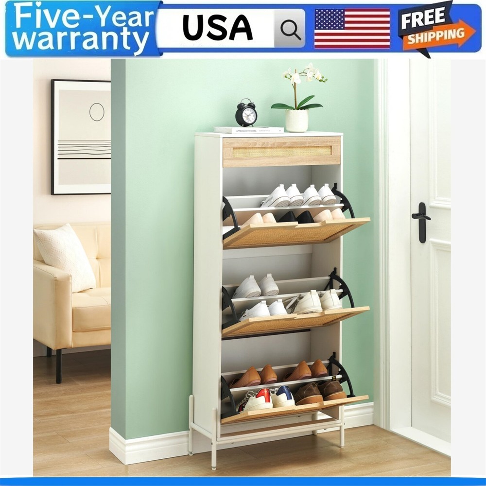 💹Rattan 3 Flip Drawer Shoe Cabinet Shoe Cabinet for Entryway Adjustable Shelves