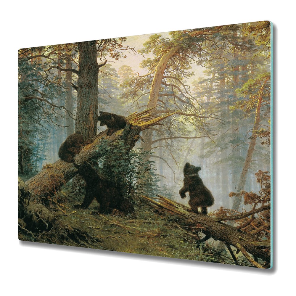 Glass Worktop Saver Kitchen Bears in a Pine Forest Watercolour 60x52