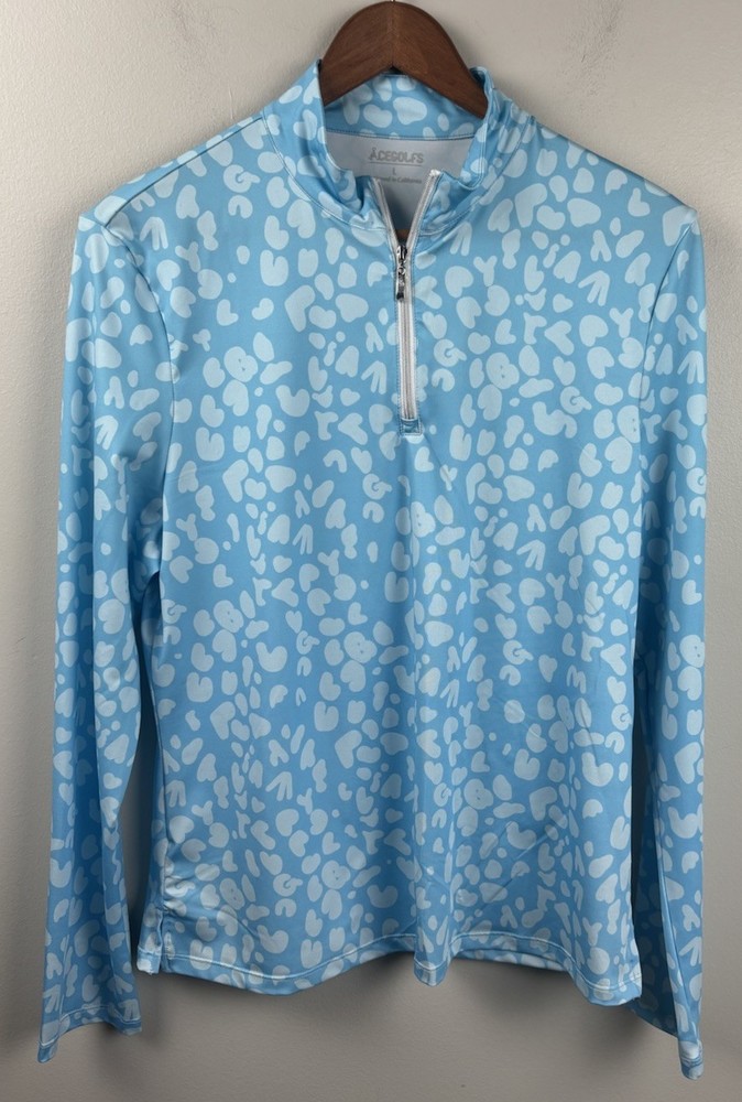 ACE GOLFS 1/4 Zip Shirt Women’s Large Blue Clouds Mock Neck Golf Pullover Top