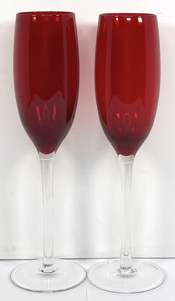 VTG Ruby Red Glass Champagne Flutes Clear Stem Hand Blown Modern Luxury Set