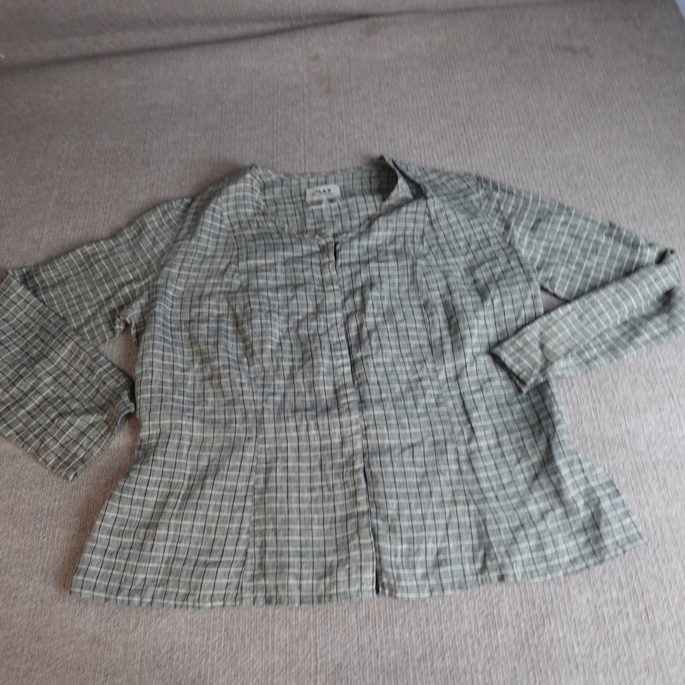 FLAX Womens Top Large Gray Green Plaid 100% Linen Back Pockets Collarless Snap