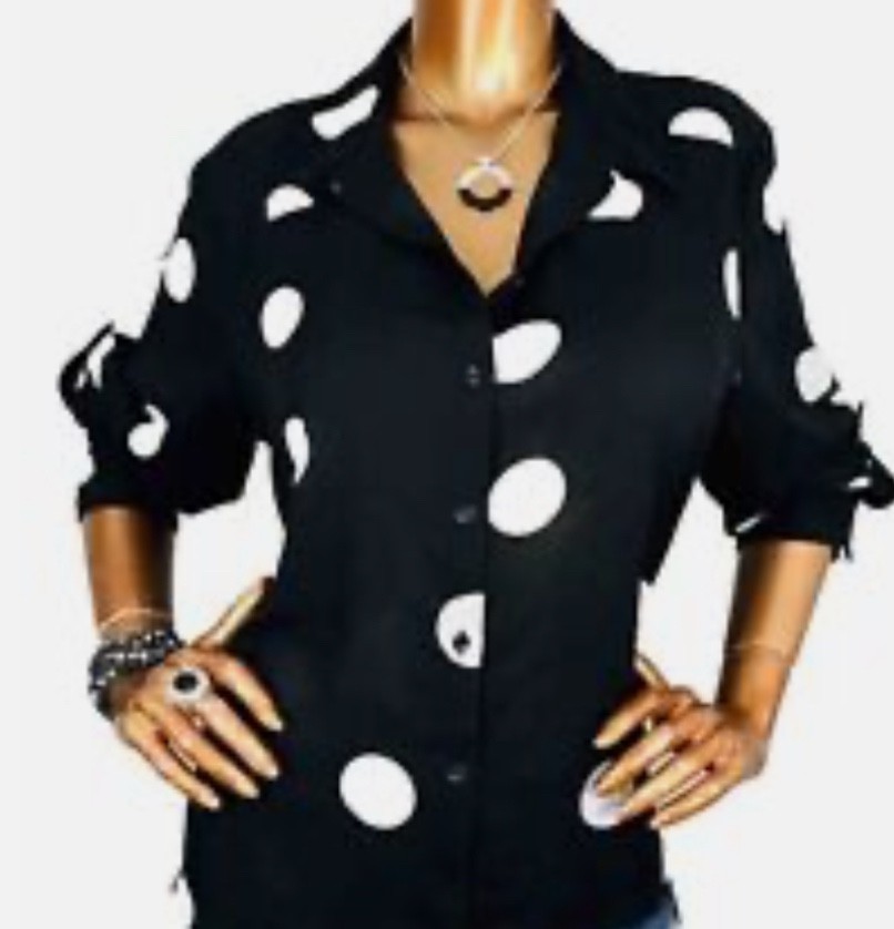 Cute INC Top  S/p Polka Dots Roll Tab or Wear Long Slves  Button Up Blouse
