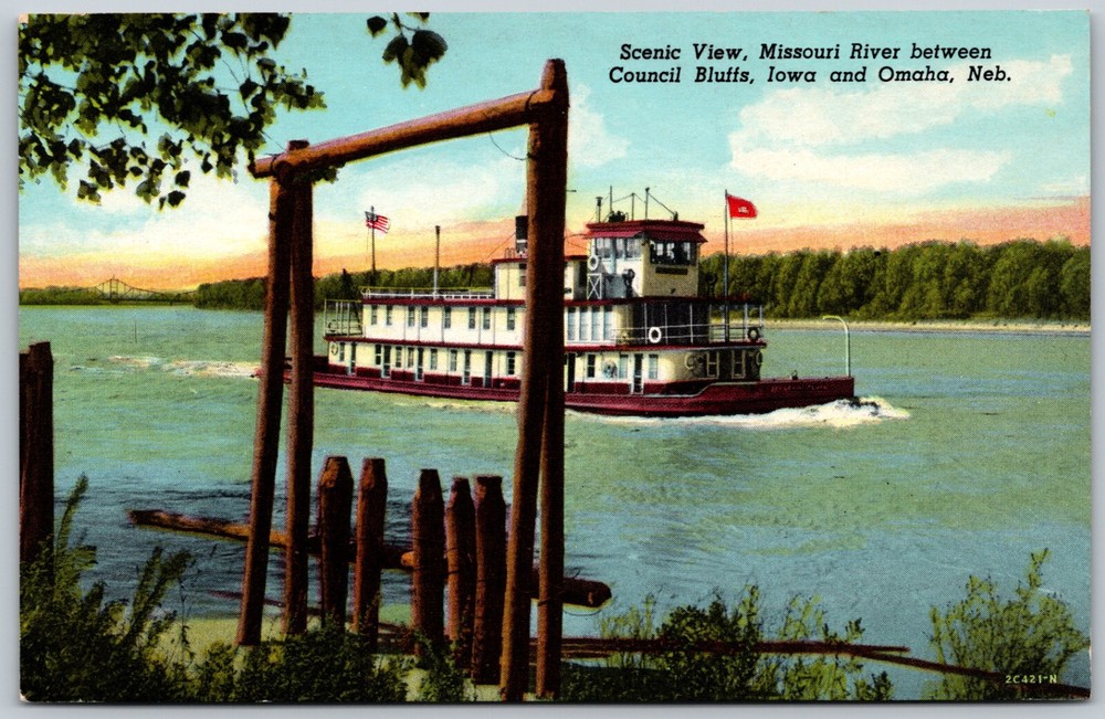 Missouri River Boat Between COUNCIL BLUFFS Iowa & Omaha NE VINTAGE Postcard