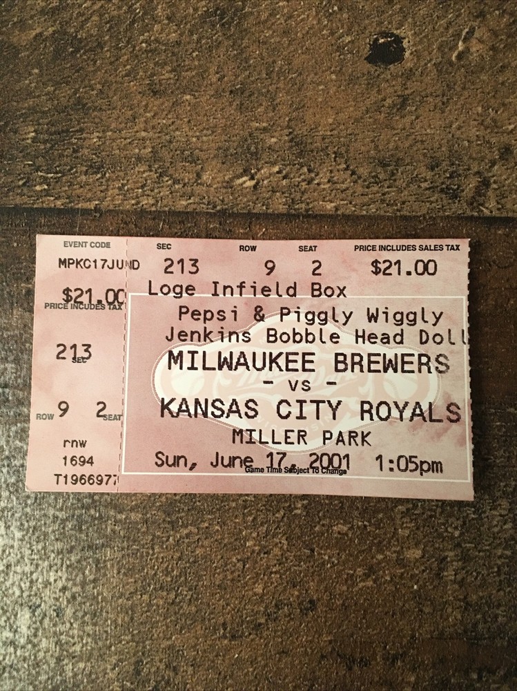 MLB 6/17/2001 Milwaukee Brewers Ticket Stub Geoff Jenkins Bobblehead Promotion!*