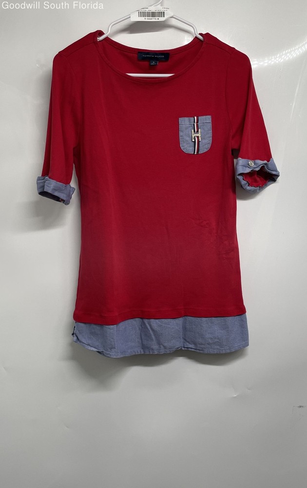 Tommy Hilfiger Womens Red Short Sleeve Round Neck Pullover T-Shirt Size Medium