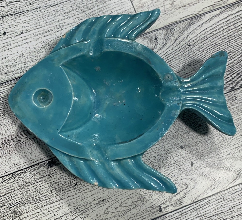 Hand-painted Blue Ceramic Fish Dish with 3 Rests - Trinket Tray, Soap Dish, Ring Holder