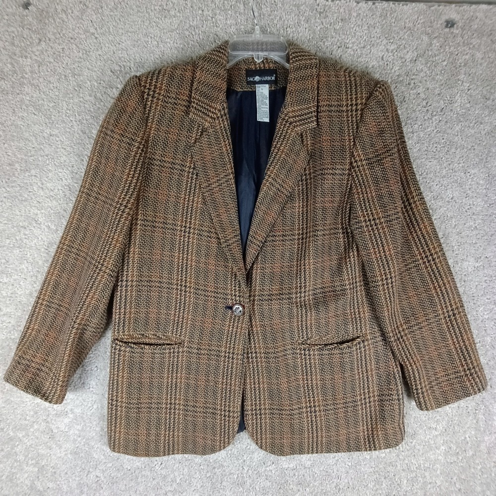 Sag Harbor Tweed Wool Blend Plaid Blazer Womens 12 Vintage Academia Jacket