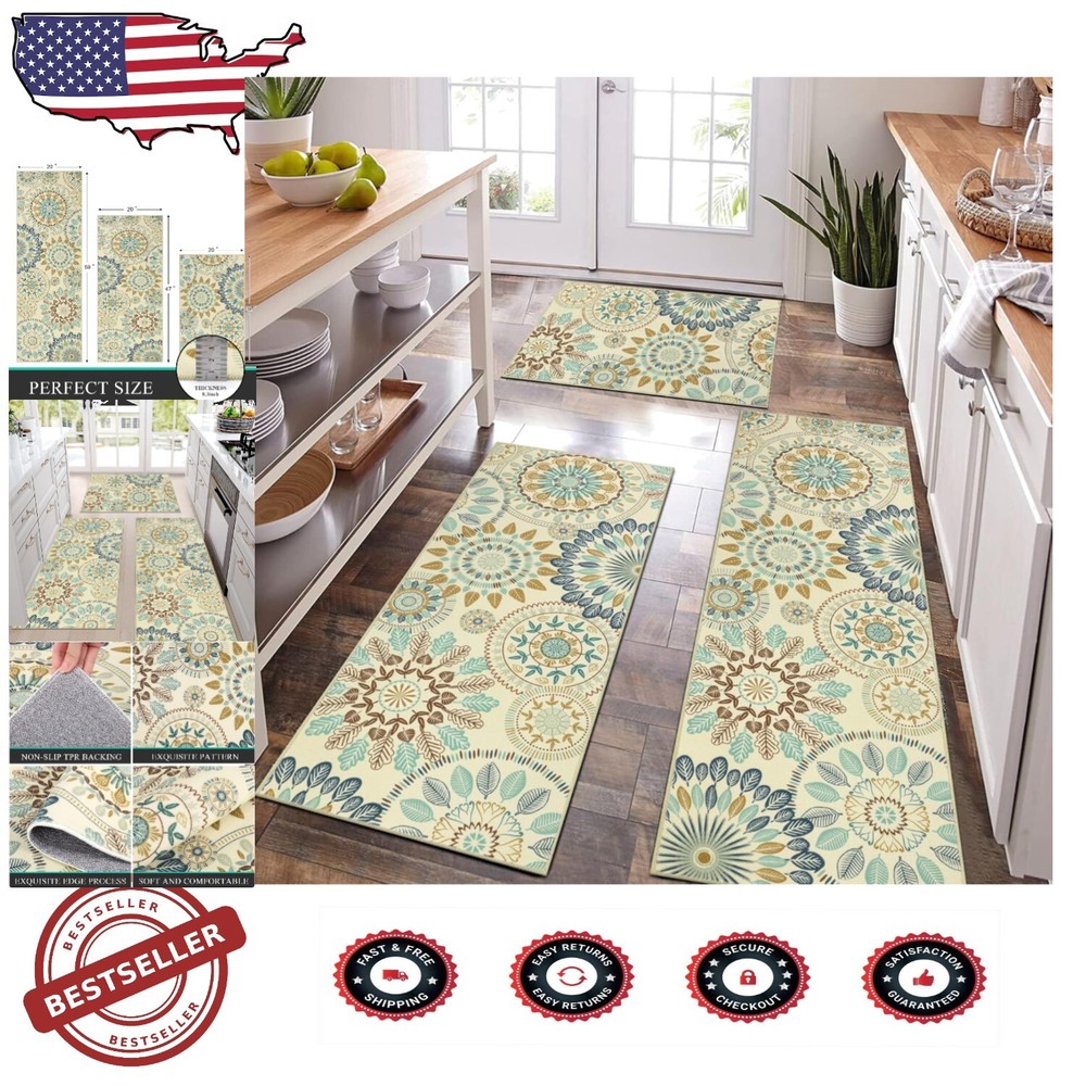 Stylish Multi-Colored Kitchen Mats Set of 3 - Non-Slip, Washable Design