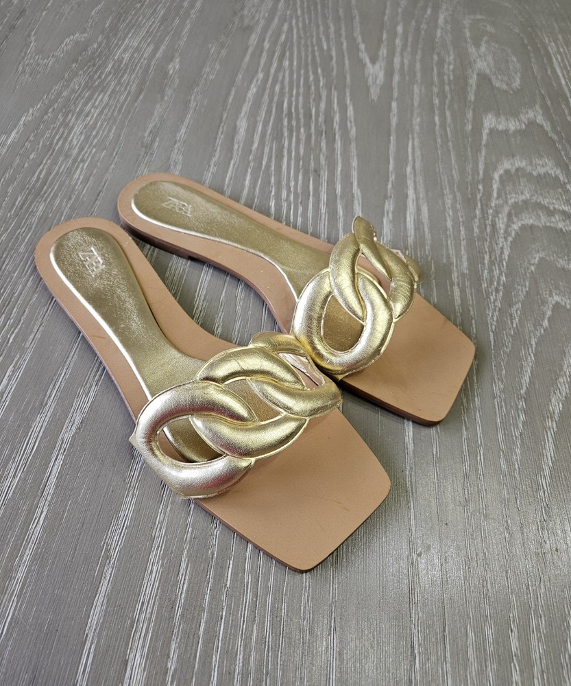 Zara Sandals Womens 8 Brown Leather Chain Strap Flat Padded Square Toe Slide