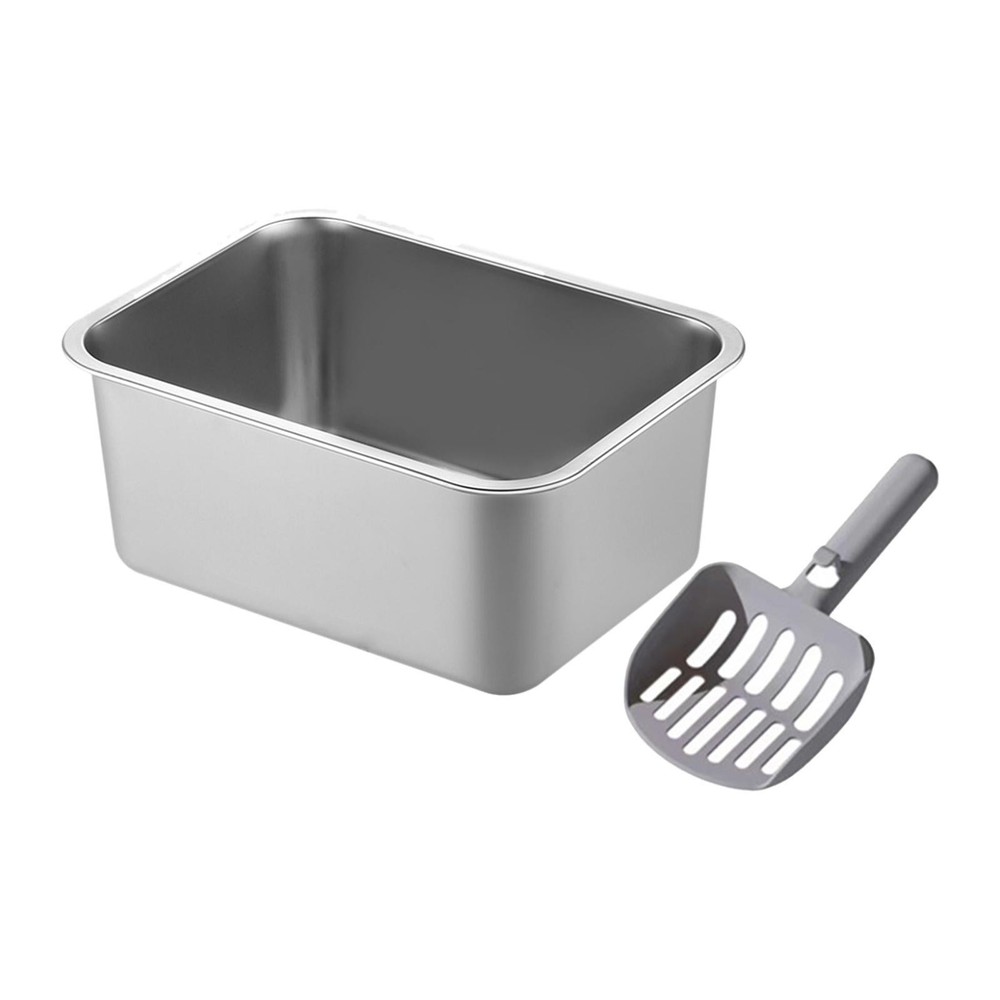 Open Top Pet Kitten Litter Pan Cat Litter Basin Stainless Steel Sturdy Kitty