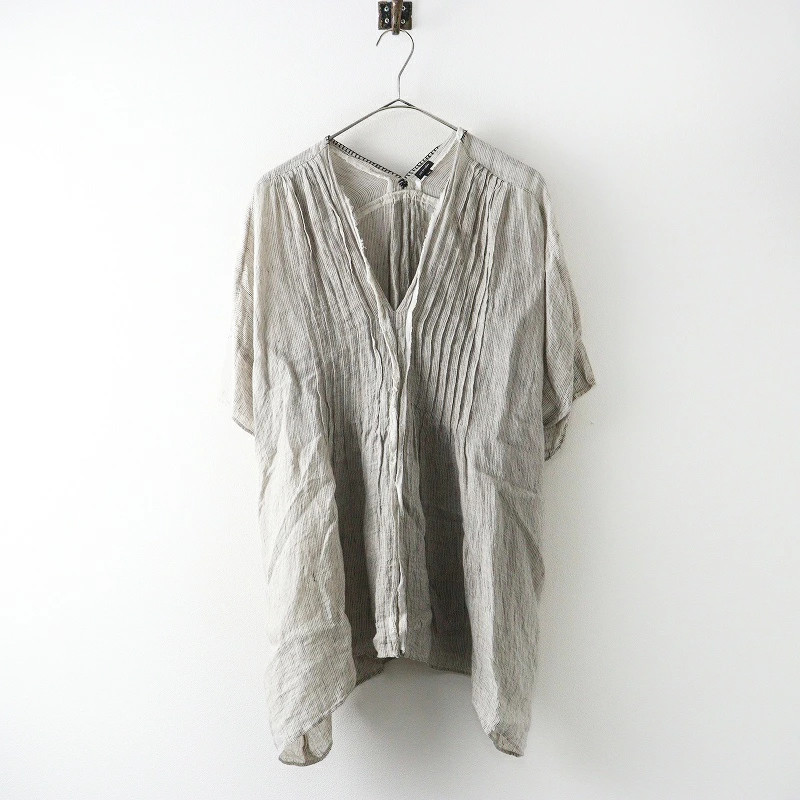 Pas de Calais Linen Striped Pintuck Blouse 36 Gray Used Very Good Condition
