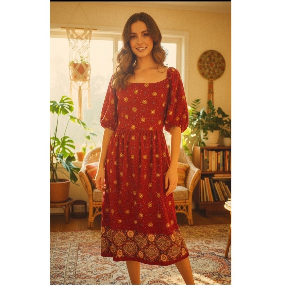 Vintage Victor Costa Velour Midi Dress Women's 10 Red Floral Retro Cotton RARE