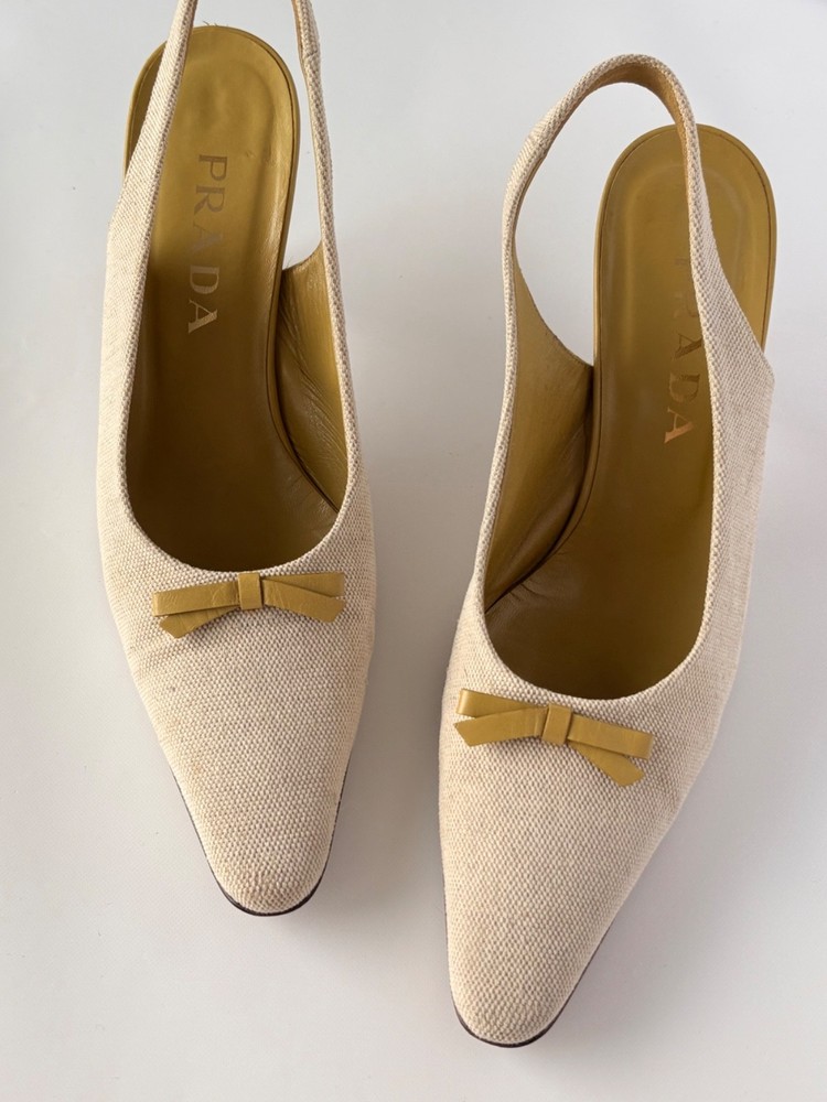 No Us Duties Prada Sling Back Kitten Heels Canvas Olive Green Bow Toe 40 Us 10