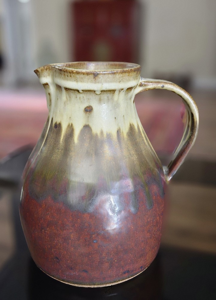Vintage Studio Pottery Pitcher Drip Glaze Stoneware Earth Tones Signed 7