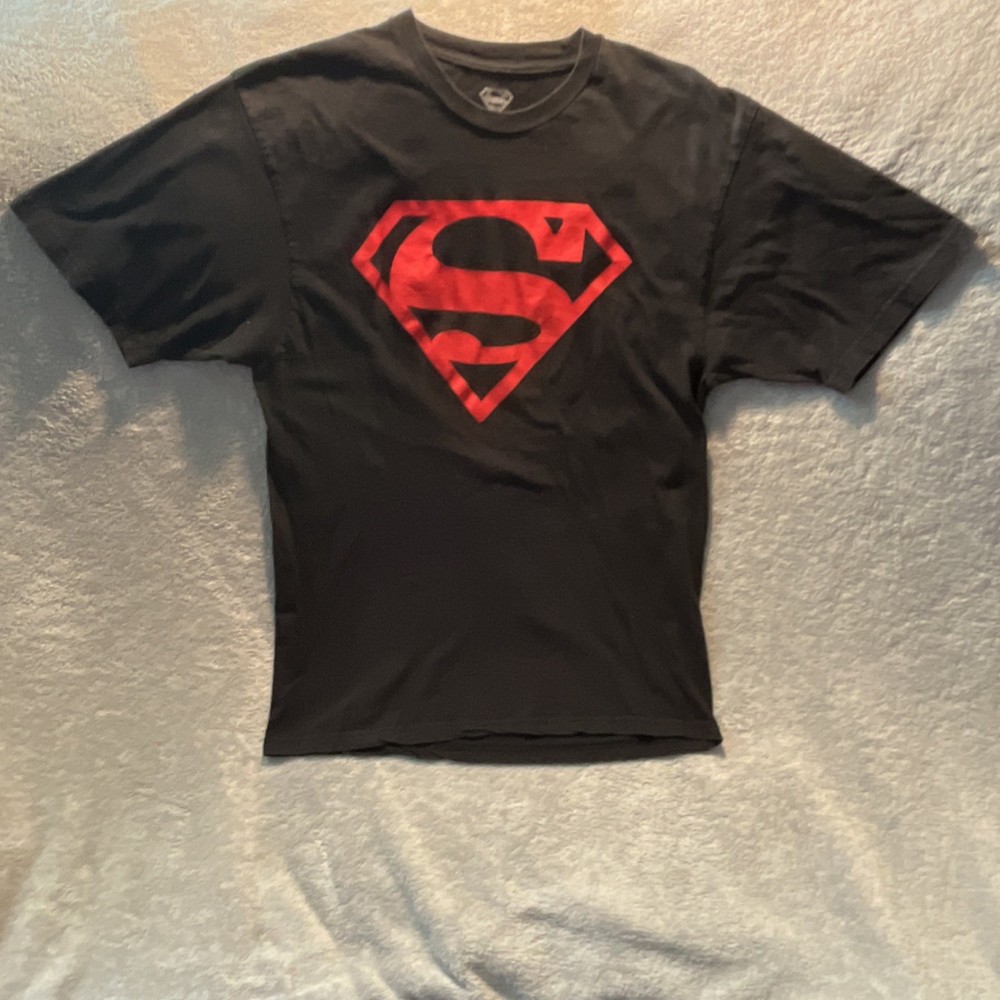 Superman Black Red Logo Cotton Men's T-Shirt Size L DC Comics Short Sleeve