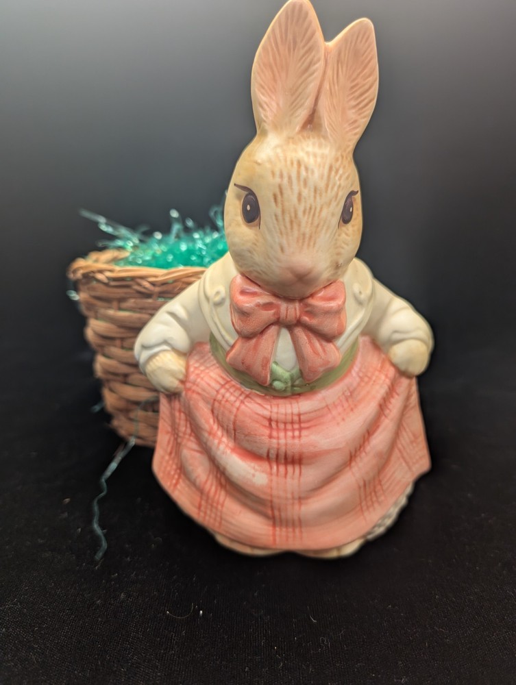 Vintage~ Hand painted ~Ceramic/Porcelain~Bunny /Rabbit w/ Attached Wicker Basket