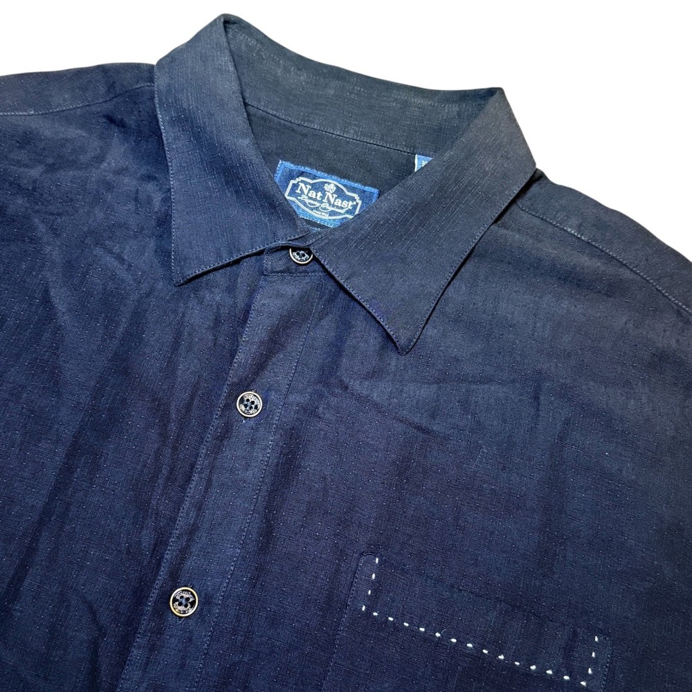 Nat Nast Mens Large Silk Linen Button Down Shirt Black Short Sleeve American Fit