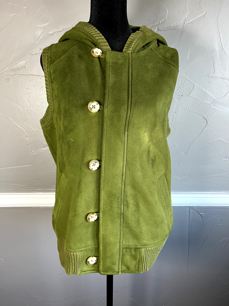 Jones New York Sport Vest Jacket Women's Size L Green Sleeveless Hood Zip Button