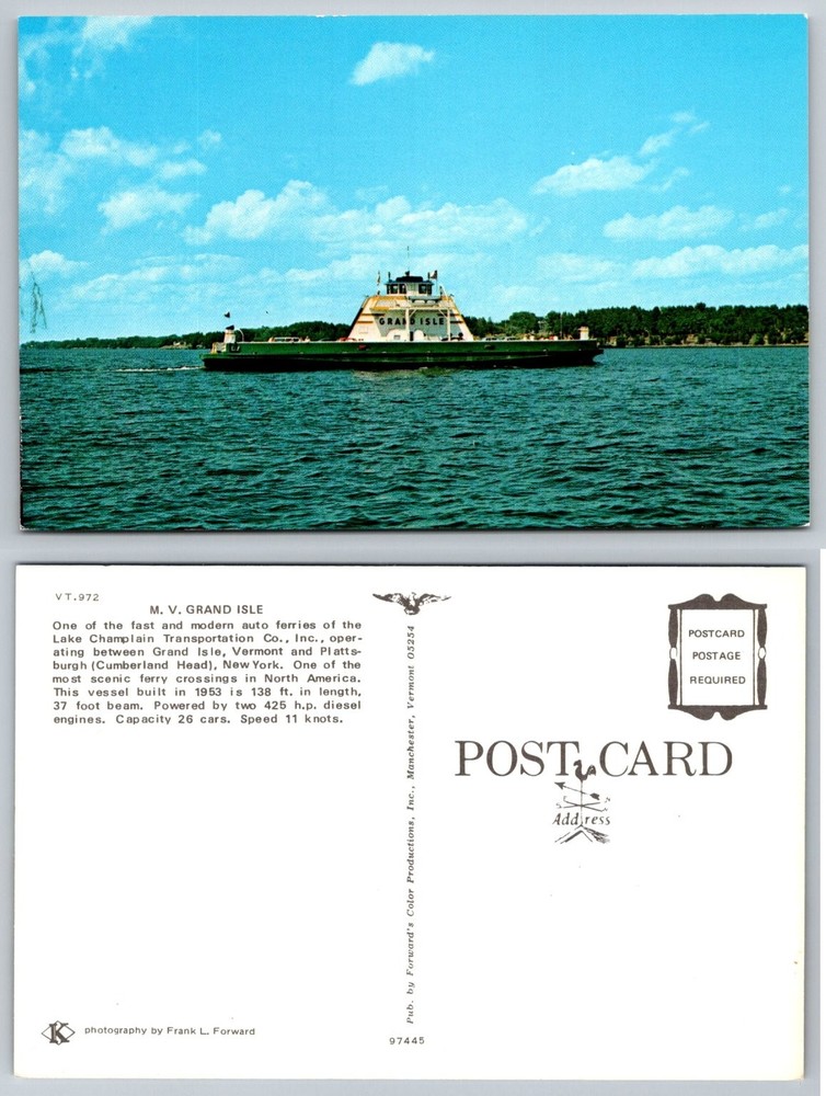 M.V. Grand Isle Ferry Lake Champlain VT NY Postcard 1953 Auto Boat Chrome