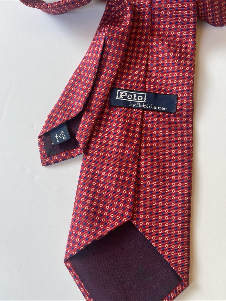 VTG Polo Ralph Lauren Tie Red Mini Geometric Circles All Over Print Made by Hand
