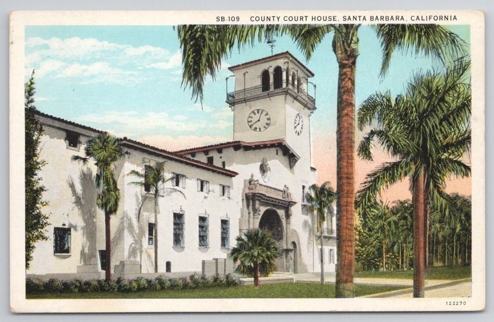 Santa Barbara County Courthouse CA Linen Postcard Palm Trees 1930s-40s