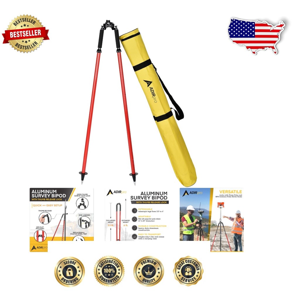 Red Telescoping Bipod, 3.5ft Minimum Height for Accurate Survey Measurements