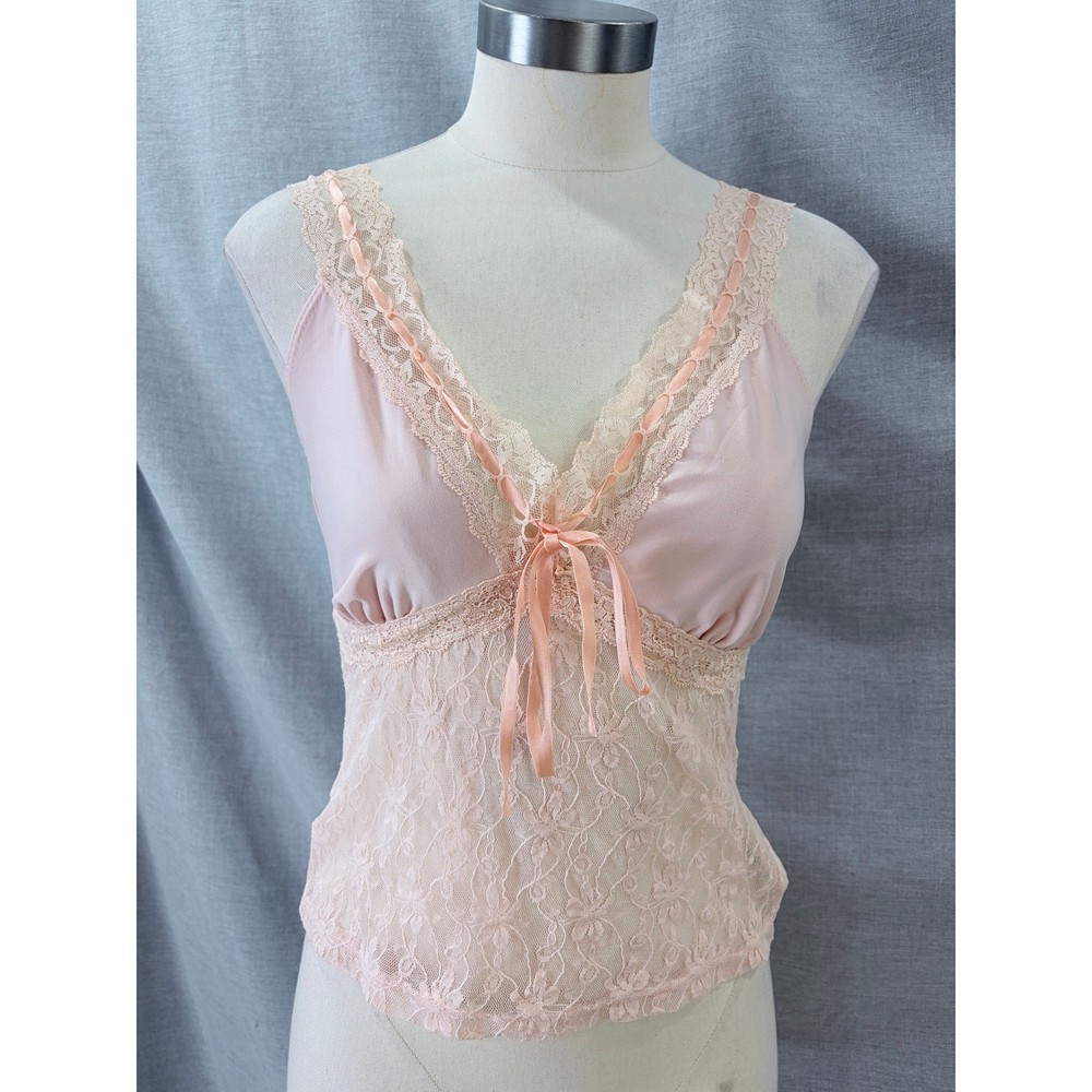 Vintage Rampage Y2K Pink Lace Cami Top Ribbon Bow Empire Waist Coquette Size L