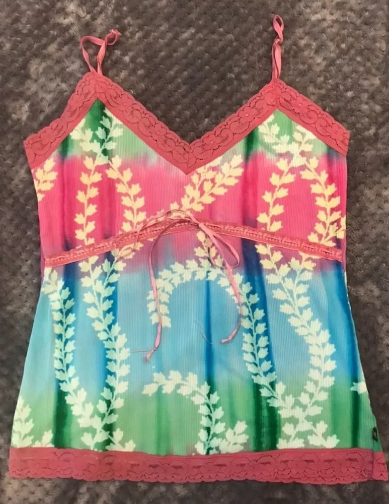 READ! Vintage Multi-Colored Stylized Botanical Lace Trim Ribbon Cinch Camisole