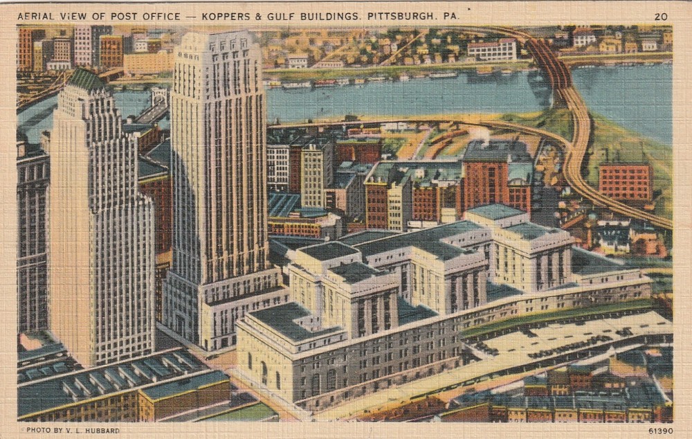 Postcard Pittsburgh, PA Aerial View Post Office Koppers Gulf Building Vintage PC