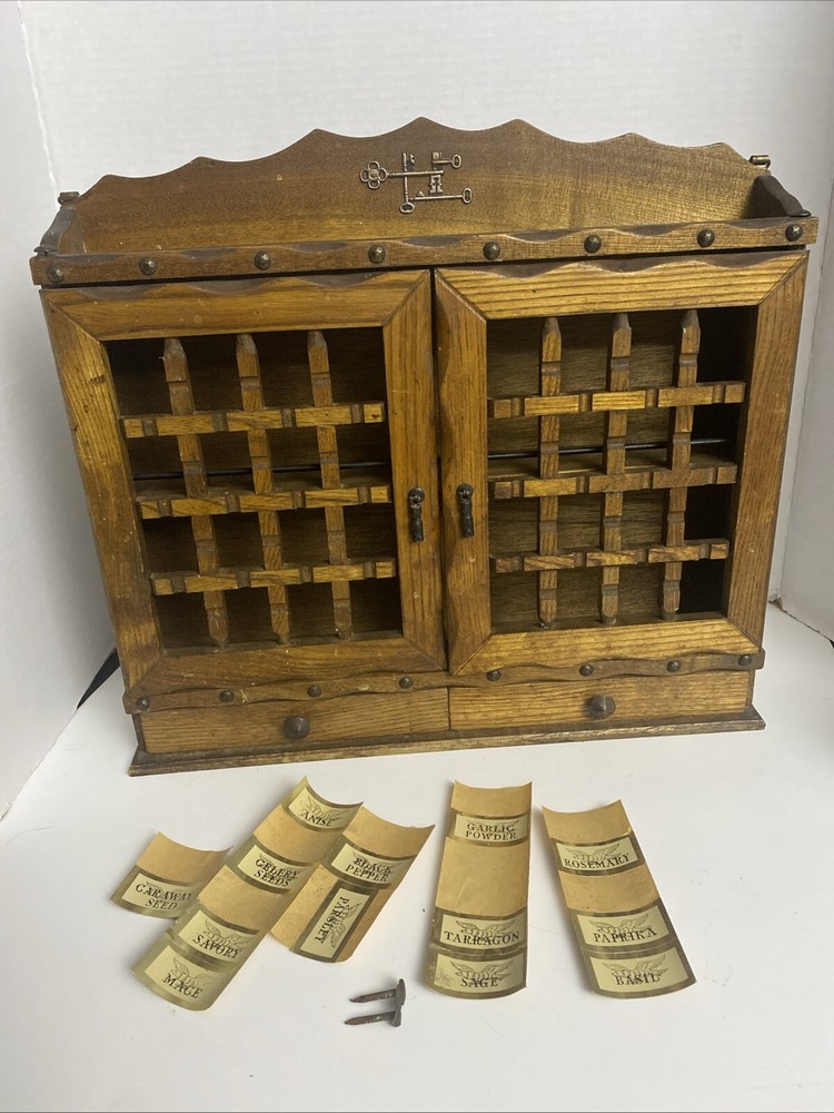 Vintage Holmar Wooden Spice Rack with Drawers Shelf Wall Mount Lattice Doors