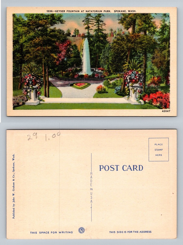 Spokane, WA-Washington, Geyser Fountain Natatorium Park Gardens Vintage Postcard