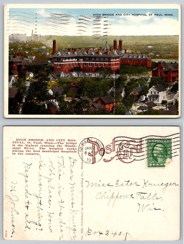 1911 St. Paul MN City Hospital High Bridge Mississippi River Postcard